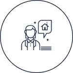 Outline of person with house speech bubble.