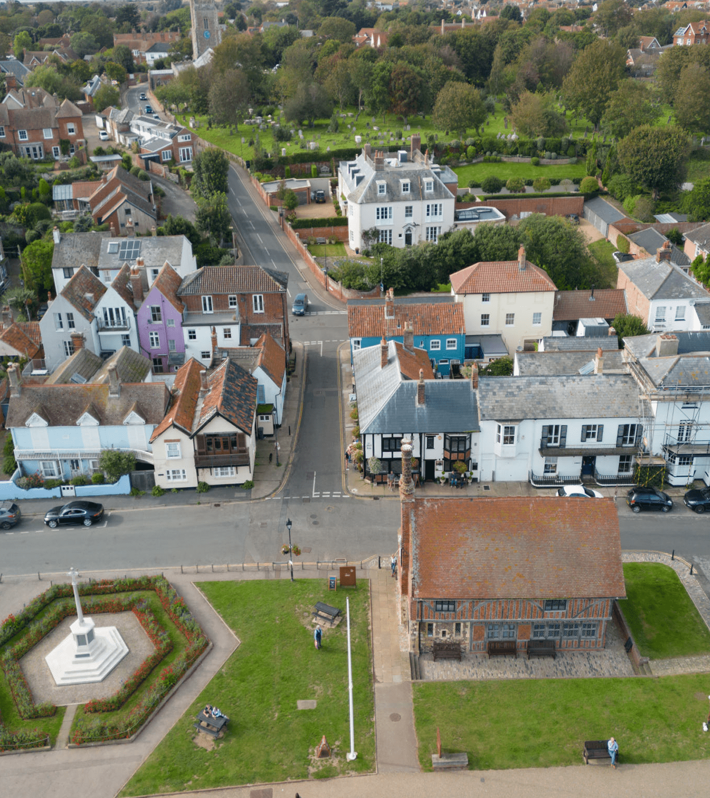 Aerial view of quaint village houses.